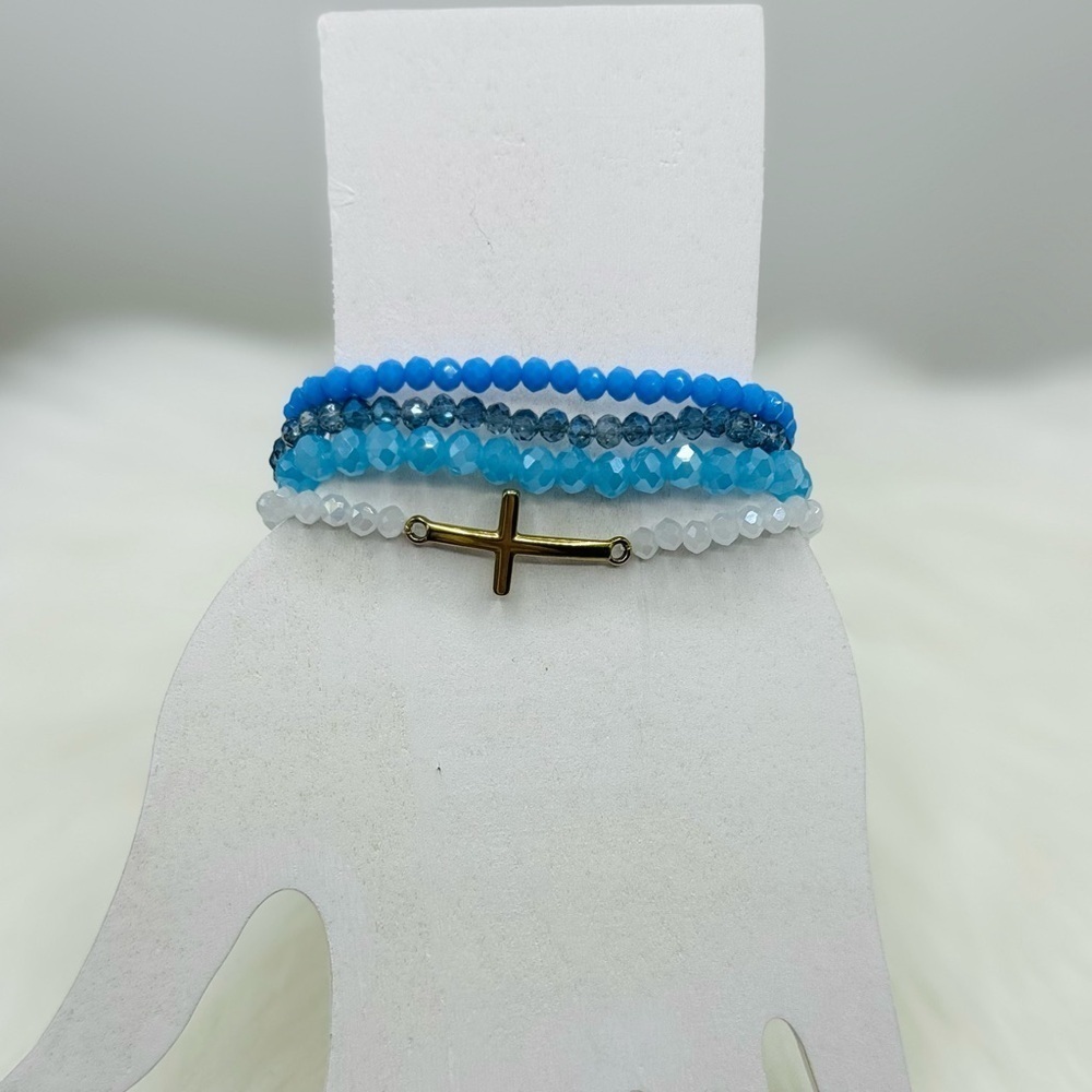 Stainless Steel Cross beaded Arm Candy Bracelet - Blue Sky Theme - Picture 5 of 8